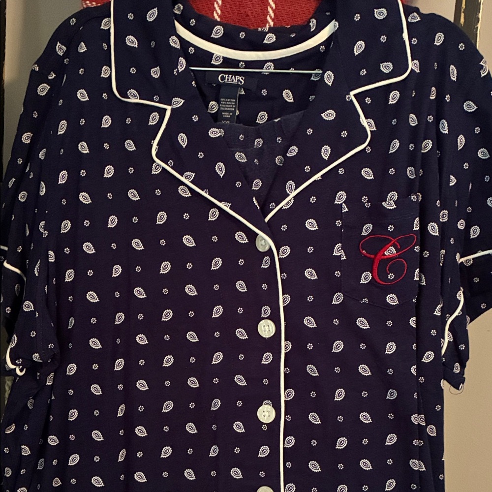 Chaps Navy Paisley-Print Button-Front Pajama Top with Red Embroidery